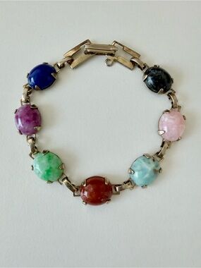Vintage Multi Color Faux Stone Cabochon Link Bracelet Gold Tone